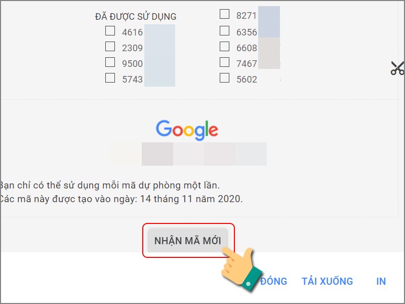 Tạo mã dự phòng mới