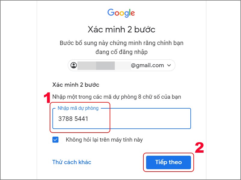 Nhập mã dự phòng