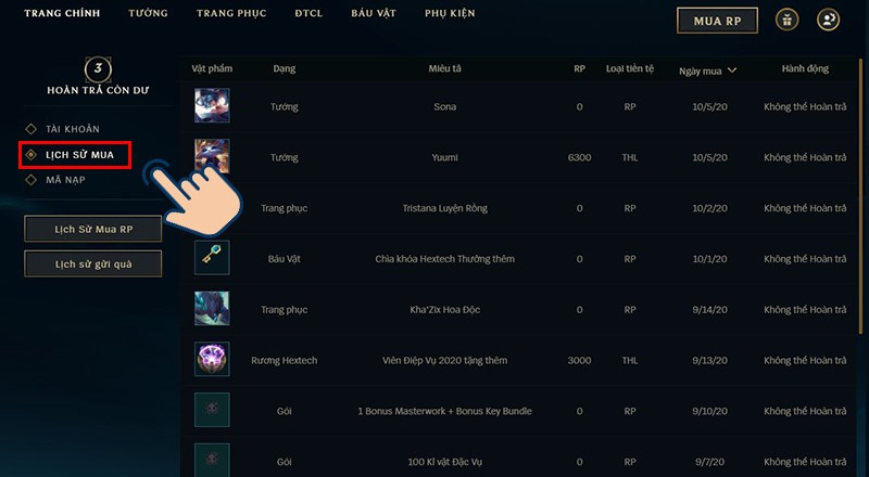 Sau đ&oacute; nhấn v&agrave;o Lịch sử giao dịch để kiểm tra.