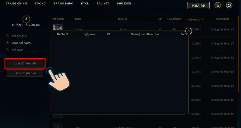 kiểm tra lịch sử mua RP của m&igrave;nh bằng c&aacute;ch nhấn v&agrave;o Lịch Sử Mua RP.