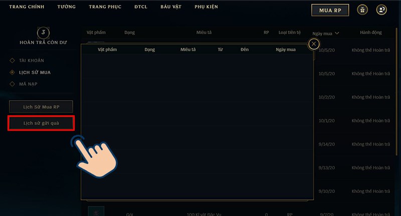 Nhấn v&agrave;o Lịch Sử Gửi Qu&agrave; để kiểm tra qu&agrave; những qu&agrave; tặng m&agrave; bản th&acirc;n đ&atilde; gửi hoặc nhận từ bạn b&egrave;