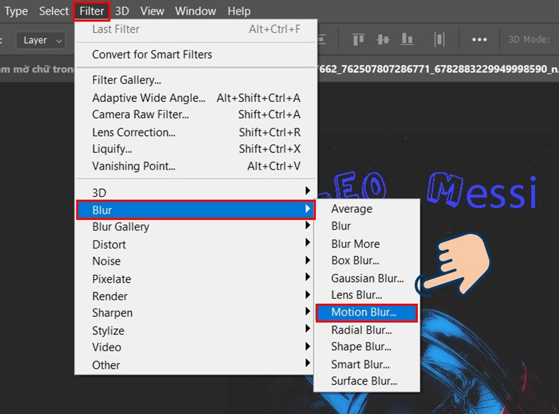 Ở thanh c&ocirc;ng cụ ph&iacute;a tr&ecirc;n m&agrave;n h&igrave;nh h&atilde;y chọn v&agrave;o Filter > Blur > Motion Blur... để chọn hiệu ứng l&agrave;m mờ cho nội dung.