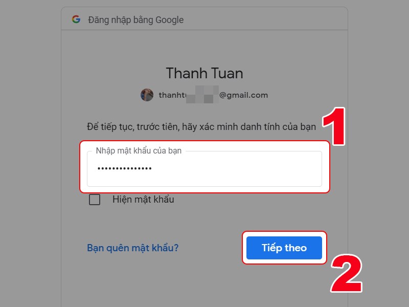 Nhập mật khẩu tài khoản Google