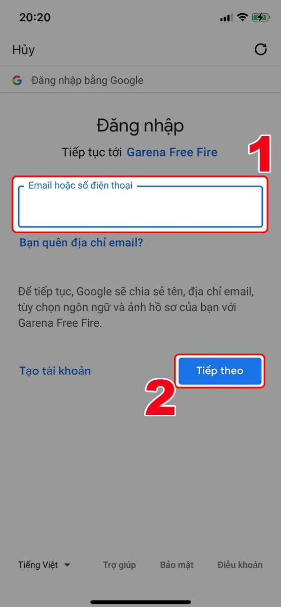 Nhập tên đăng nhập tài khoản Google