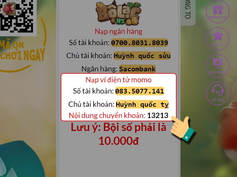 Chuyển tiền t&agrave;i khoản MoMo theo th&ocirc;ng tin n&agrave;y