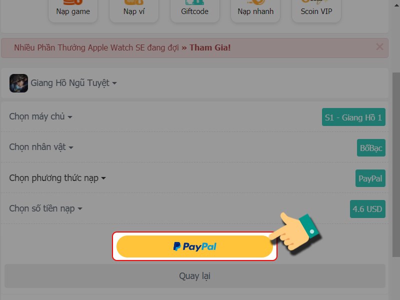 Nhấn vào PayPal