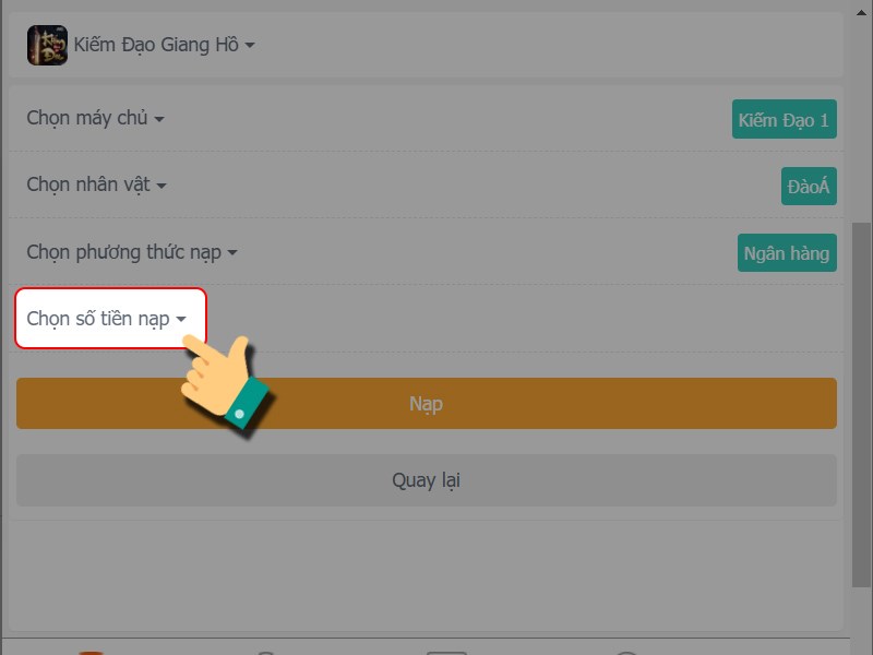 Chọn số tiền nạp