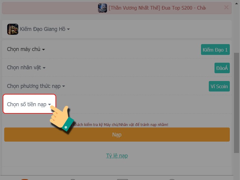 Nhấn vào chọn số tiền nạp