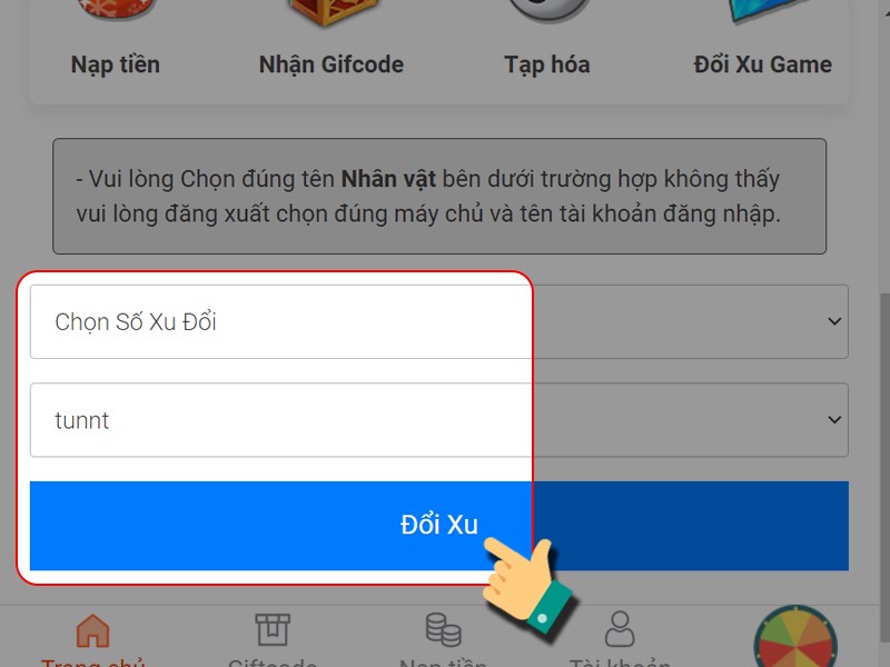 Điền thông tin đổi xu Điền thông tin đổi xu