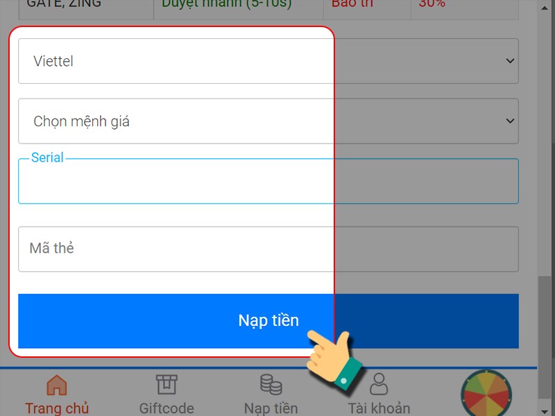 Chọn mệnh giá nạp Chọn mệnh giá nạp