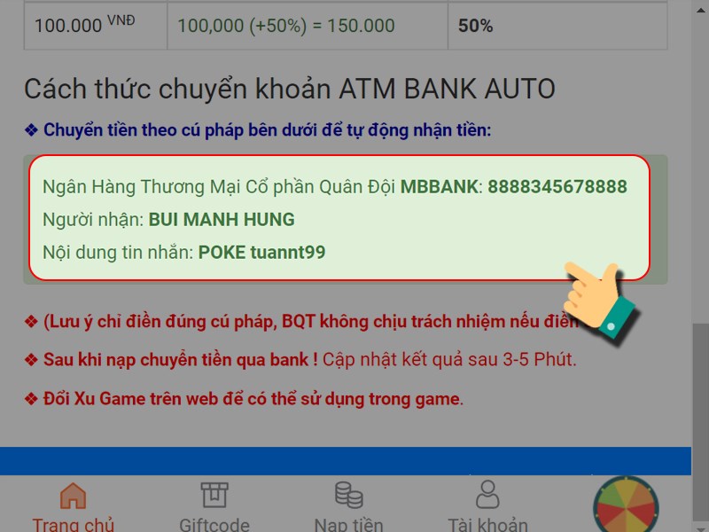 Nạp thẻ theo thông tin thanh toán Nạp thẻ theo thông tin thanh toán