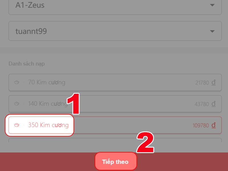 Chọn gói nạp Chọn gói nạp