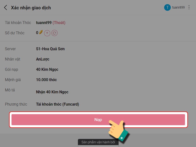 Nhấn Nạp để thanh to&aacute;n