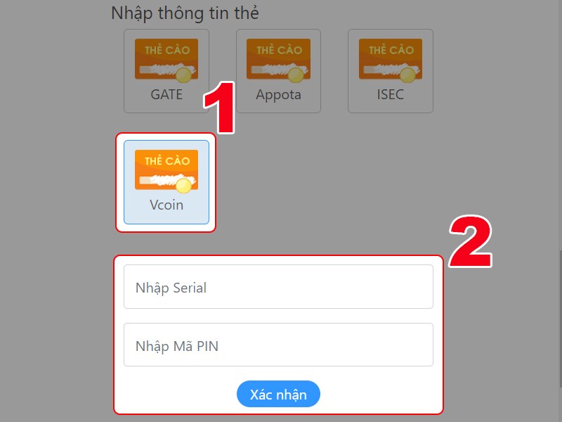 Nhập thông tin thẻ game