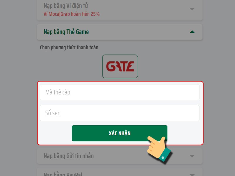 Nhập thông tin thẻ Gate Nhập thông tin thẻ Gate