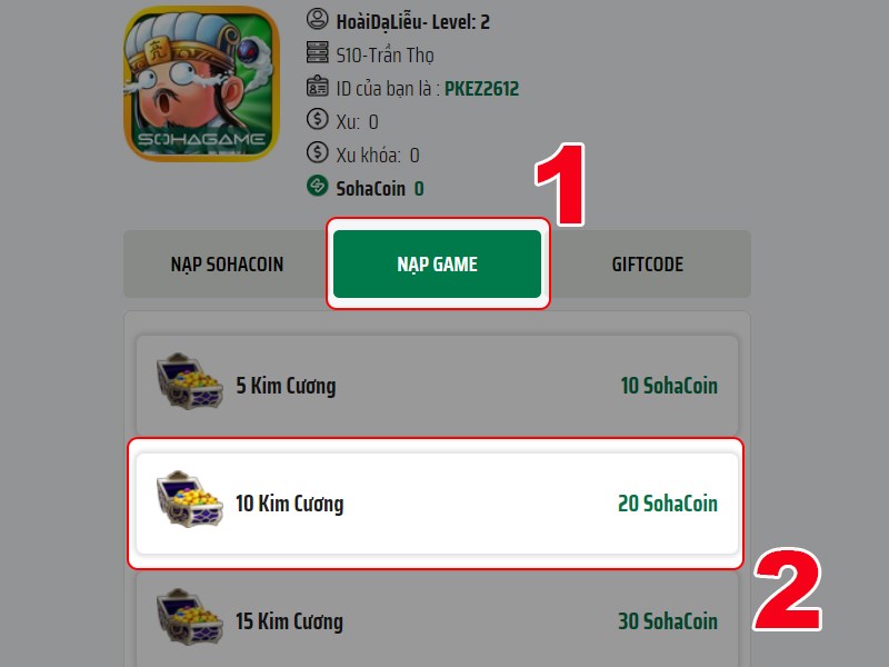 Chọn gói nạp để nạp Chọn gói nạp để nạp