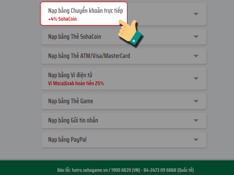 Chọn chuyển khoản trực tiếp Chọn chuyển khoản trực tiếp