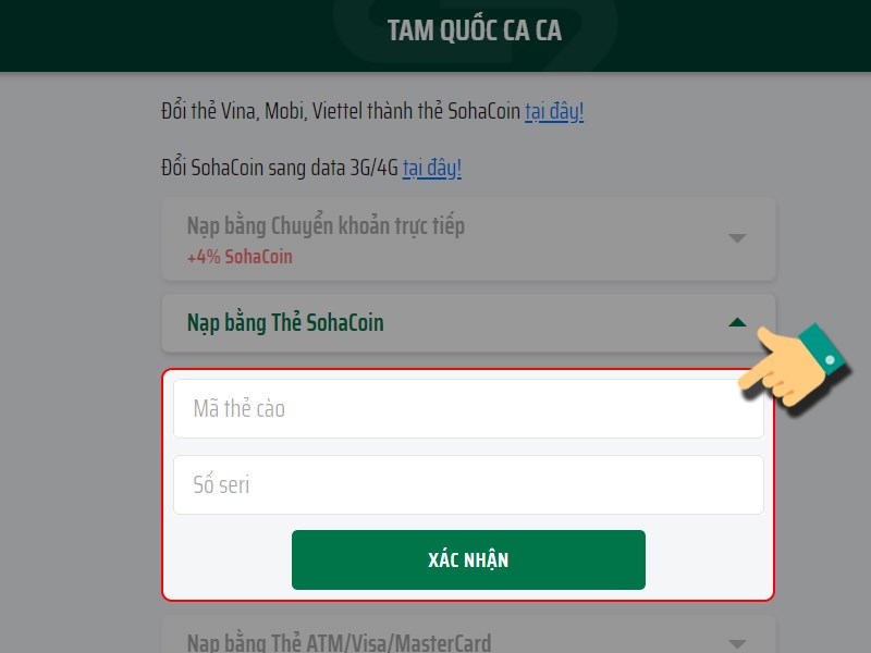 Điền thông tin thẻ nạp Điền thông tin thẻ nạp