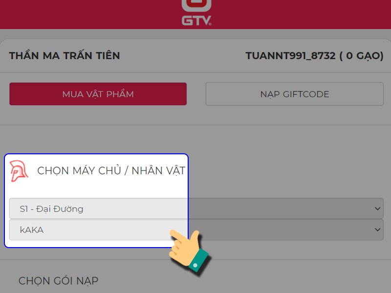 Chọn nh&acirc;n vật bạn muốn nạp game