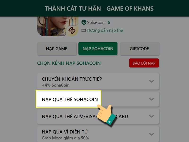 Nạp bằng thẻ SohaCoin