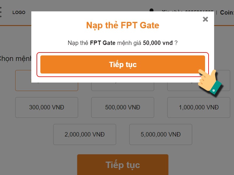 Nhấn Tiếp tục