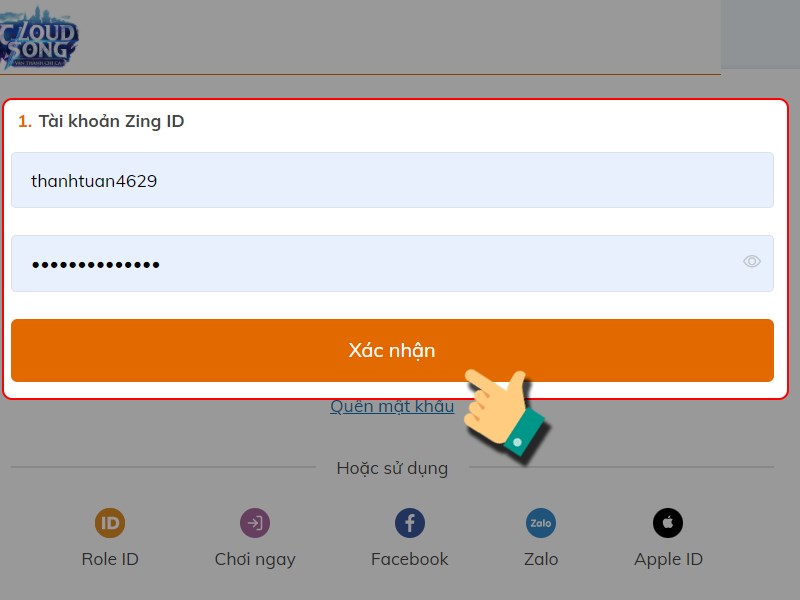 Đăng nhập game Cloud Song