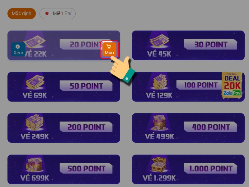 Nhấn v&agrave;o mua tại g&oacute;i nạp bạn muốn