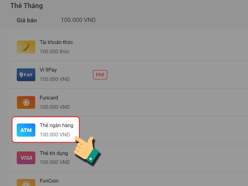 Nạp bằng thẻ ng&acirc;n h&agrave;ng