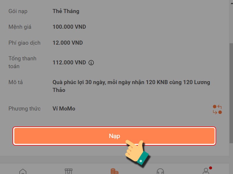 Nhấn Nạp để tiếp tục