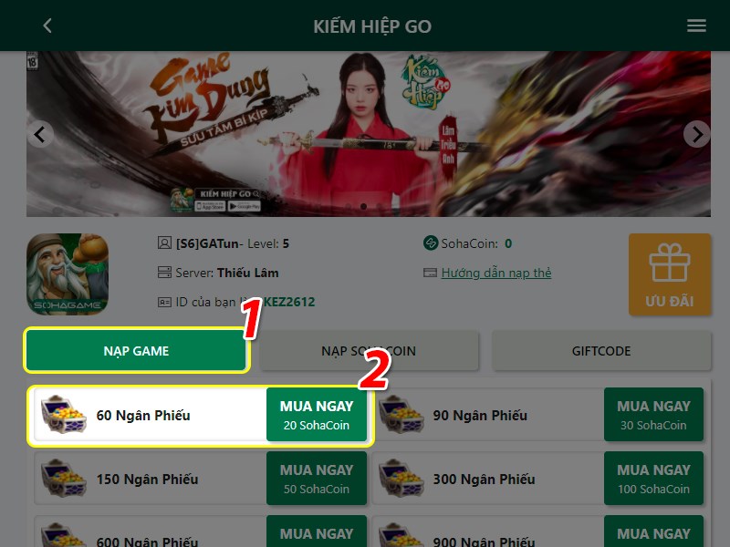 Chọn g&oacute;i nạp