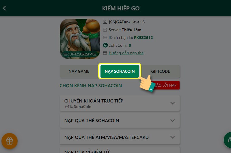 Chọn nạp Shohacoin
