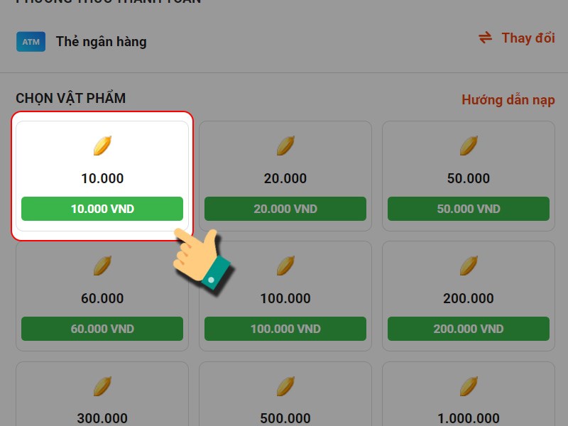 Chọn g&oacute;i nạp bạn muốn mua