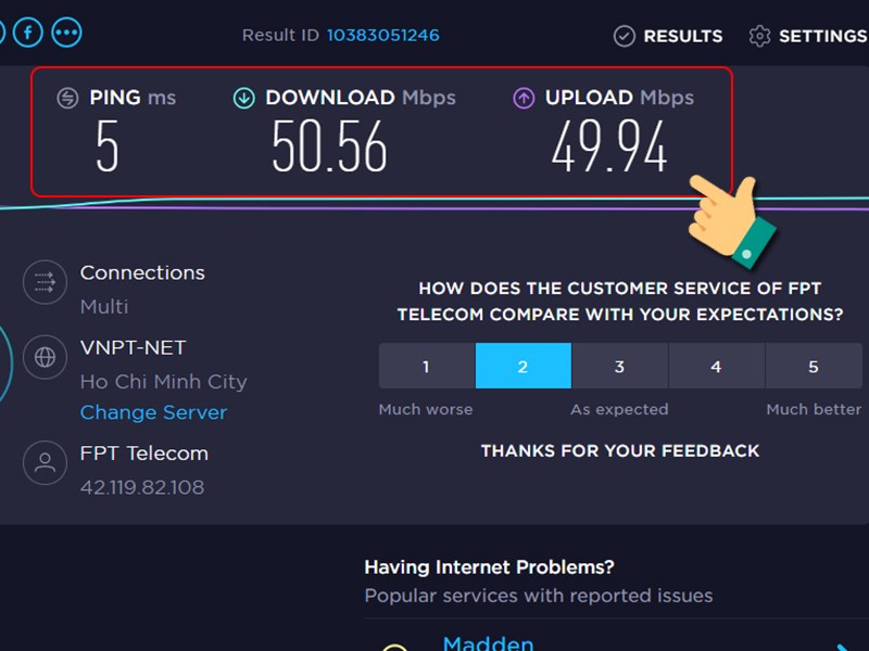 Kết quả đo tốc độ mạng trên máy tính