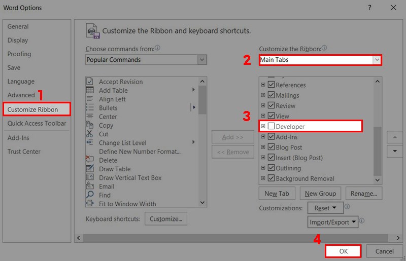 Ở giao diện Word Options tìm tới mục Custom Ribbon rồi nhìn sang bên phải phần Customize the Ribbon, chọn Main Tabs, rồi tích chọn vào Developer để hiển thị trên thanh công cụ.
