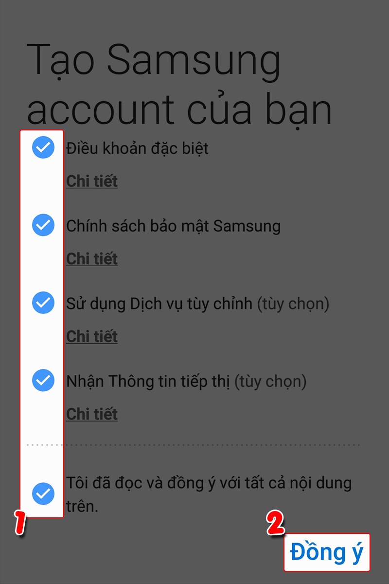 Tick chọn các mục đồng ý điều khoản