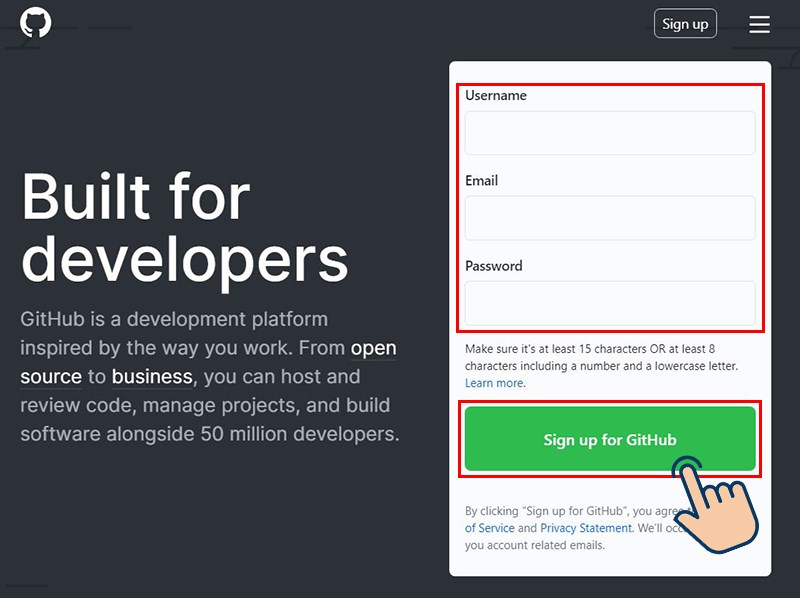 Nhập đầy đủ thông tin tài khoản của bạn và nhấn Sign up for Github Nhập đầy đủ thông tin tài khoản của bạn và nhấn Sign up for Github