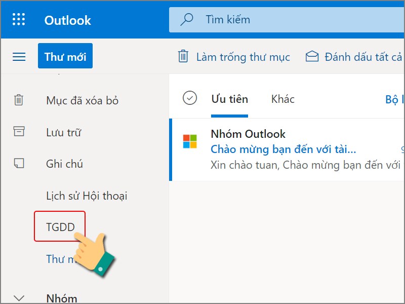 Tạo thư mục trên web Outlook