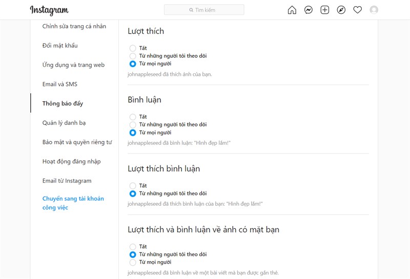  Tick chọn những mục m&agrave; bạn muốn bật th&ocirc;ng b&aacute;o&nbsp;
