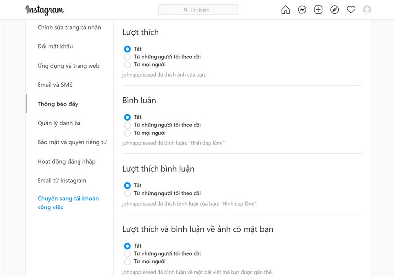 Tick chọn những mục m&agrave; bạn muốn tắt th&ocirc;ng b&aacute;o&nbsp;