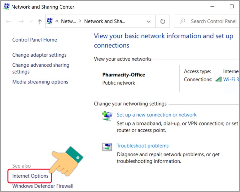 Nhấn v&agrave;o Internet Options
