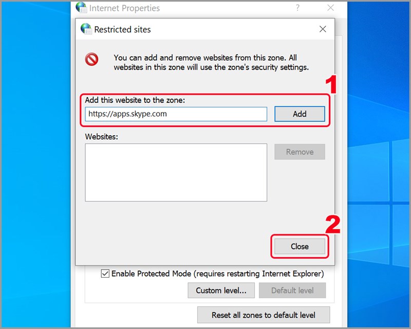 Nhập địa chỉ app Skype v&agrave;o Add this website to the zone