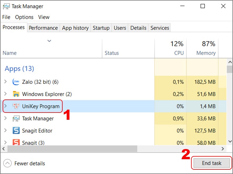 Chọn Unikey và nhấn End Task.