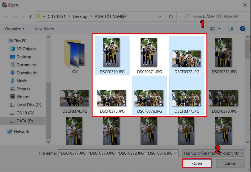 Chọn ảnh mà bạn muốn gộp và nhấn Open.