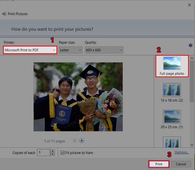 Tại mục Printer bạn hãy chọn Microsoft Print to PDF, sau đó chọn cách thức in ảnh.