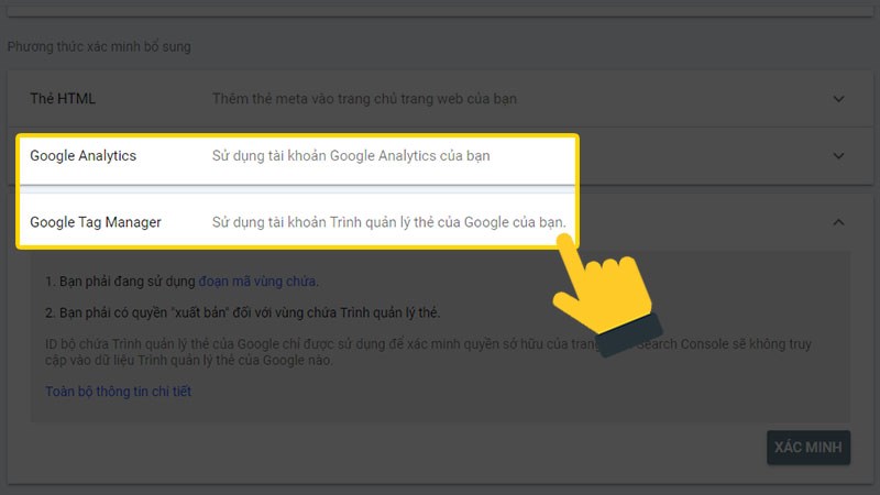 Chọn cách xác minh bằng Google Analytics hoặc Google Tag Manager 