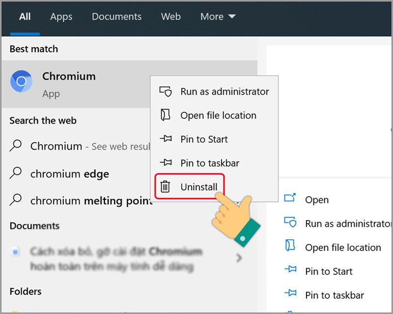 Nhấn chuột phải vào Chromium và chọn Uninstall