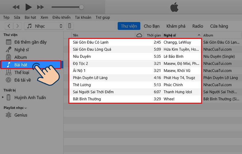 Sau đó chọn vào thư mục Bài hát. 