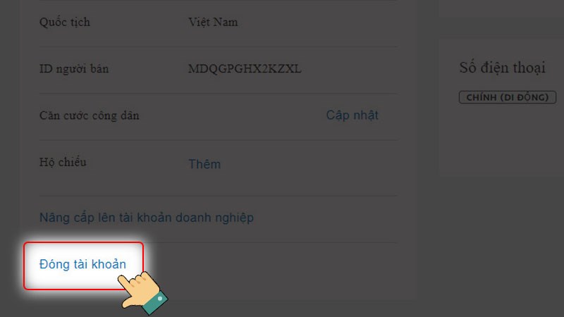 Chọn vào Đóng tài khoản