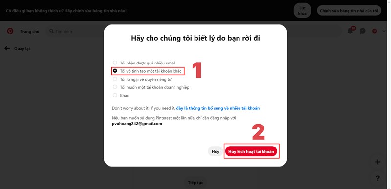 Chọn l&yacute; do v&agrave; chọn Hủy k&iacute;ch hoạt t&agrave;i khoản