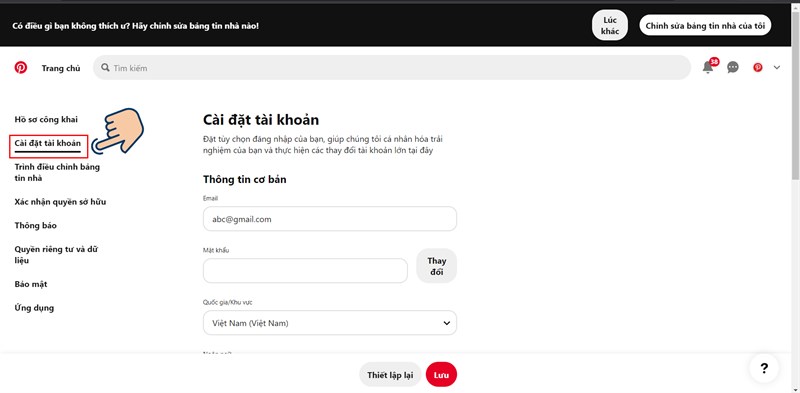 Chọn C&agrave;i đặt t&agrave;i khoản